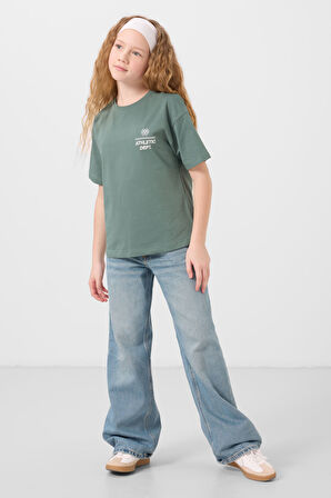 Açık Yeşil Pamuklu O Yaka Oversize Fit Baskılı Kız Çocuk T-Shirt - 75178