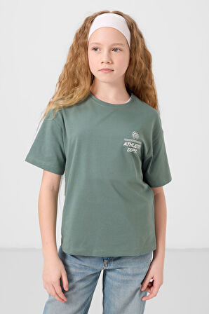 Açık Yeşil Pamuklu O Yaka Oversize Fit Baskılı Kız Çocuk T-Shirt - 75178