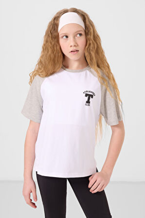 Beyaz O Yaka  Pamuklu Baskılı Oversize Fit Kız Çocuk T-Shirt - 75179