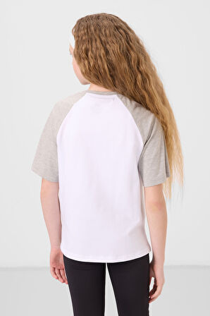 Beyaz O Yaka  Pamuklu Baskılı Oversize Fit Kız Çocuk T-Shirt - 75179