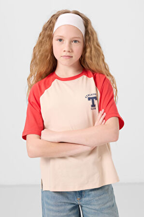 Bej O Yaka  Pamuklu Baskılı Oversize Fit Kız Çocuk T-Shirt - 75179