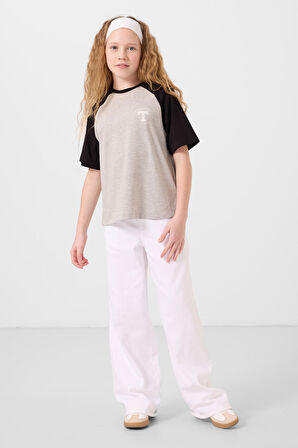 Gri Melanj O Yaka  Pamuklu Baskılı Oversize Fit Kız Çocuk T-Shirt - 75179