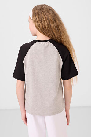 Gri Melanj O Yaka  Pamuklu Baskılı Oversize Fit Kız Çocuk T-Shirt - 75179
