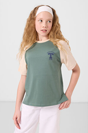Açık Yeşil O Yaka  Pamuklu Baskılı Oversize Fit Kız Çocuk T-Shirt - 75179