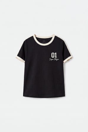 Siyah Omuz Biye Detaylı Baskılı Kız Çocuk T-Shirt - 75181
