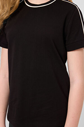 Siyah Pamuklu O Yaka Standart Fit Basic Kız Çocuk T-Shirt - 75177