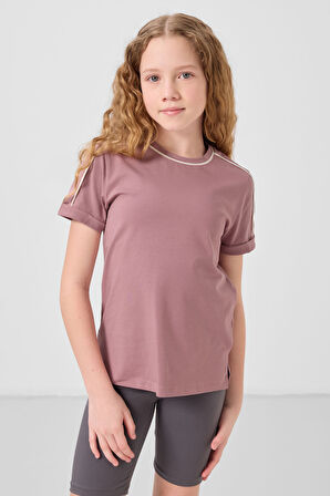 Gül Kurusu Pamuklu O Yaka Standart Fit Basic Kız Çocuk T-Shirt - 75177