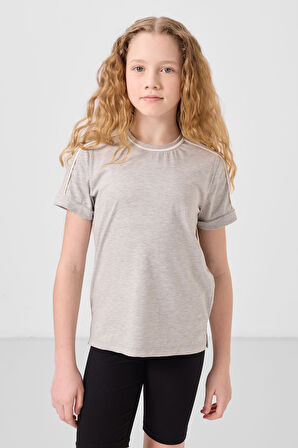 Gri Melanj Pamuklu O Yaka Standart Fit Basic Kız Çocuk T-Shirt - 75177