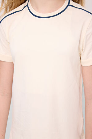 Ekru Pamuklu O Yaka Standart Fit Basic Kız Çocuk T-Shirt - 75177