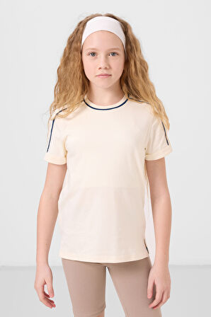 Ekru Pamuklu O Yaka Standart Fit Basic Kız Çocuk T-Shirt - 75177