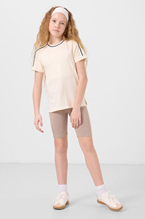 Ekru Pamuklu O Yaka Standart Fit Basic Kız Çocuk T-Shirt - 75177