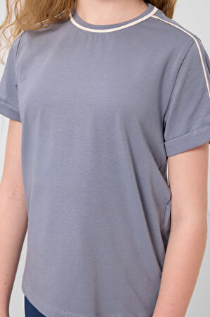 Koyu Mavi Pamuklu O Yaka Standart Fit Basic Kız Çocuk T-Shirt - 75177