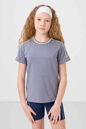 Koyu Mavi Pamuklu O Yaka Standart Fit Basic Kız Çocuk T-Shirt - 75177