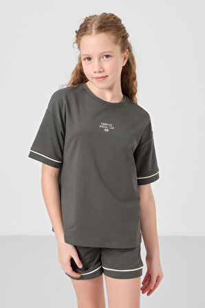 Haki Pamuklu Yumuşak Dokulu Standart Fit Basic Kız Çocuk Şort Takım - 75183