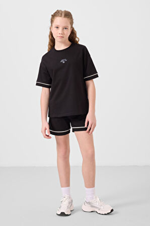 Siyah Pamuklu Yumuşak Dokulu Standart Fit Basic Kız Çocuk Şort Takım - 75183