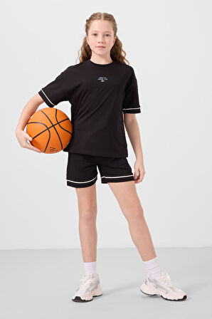 Siyah Pamuklu Yumuşak Dokulu Standart Fit Basic Kız Çocuk Şort Takım - 75183