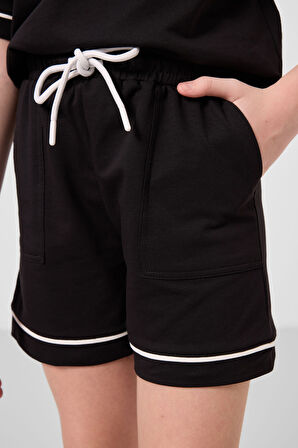 Siyah Pamuklu Yumuşak Dokulu Standart Fit Basic Kız Çocuk Şort Takım - 75183