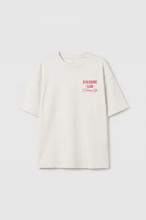 Ekru Oversize Kısa Kollu Baskılı Kız Çocuk T-Shirt - 75175