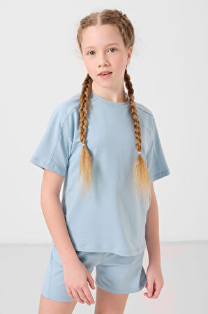 Açık Mavi Pamuklu Yumuşak Dokulu Standart Fit Basic Kız Çocuk Şort Takım - 75184