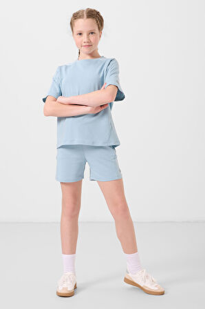 Açık Mavi Pamuklu Yumuşak Dokulu Standart Fit Basic Kız Çocuk Şort Takım - 75184