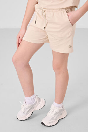 Bej Pamuklu Yumuşak Dokulu Standart Fit Basic Kız Çocuk Şort Takım - 75184