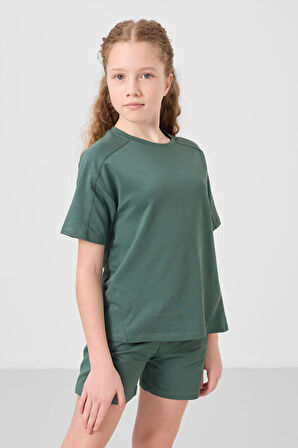 Açık Yeşil Pamuklu Yumuşak Dokulu Standart Fit Basic Kız Çocuk Şort Takım - 75184