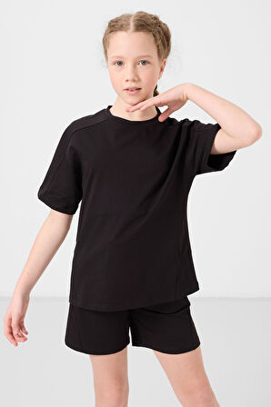 Siyah Pamuklu Yumuşak Dokulu Standart Fit Basic Kız Çocuk Şort Takım - 75184