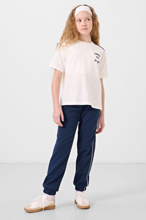 Ekru-Parlament O Yaka Baskılı Lastik Paçalı Standart Fit Kız Çocuk Eşofman Takım - 75186