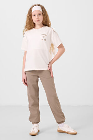 Ekru-Koyu Bej O Yaka Baskılı Lastik Paçalı Standart Fit Kız Çocuk Eşofman Takım - 75186