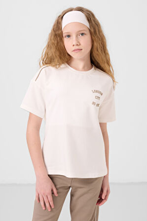 Ekru-Koyu Bej O Yaka Baskılı Lastik Paçalı Standart Fit Kız Çocuk Eşofman Takım - 75186