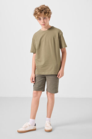 Koyu Bej-Camel Pamuklu Oversize Fit Dokuma Hafif Esnek Chino Erkek Çocuk Şort Takım - 11277