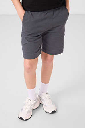 Siyah-Gri Pamuklu Oversize Fit Dokuma Hafif Esnek Chino Erkek Çocuk Şort Takım - 11278