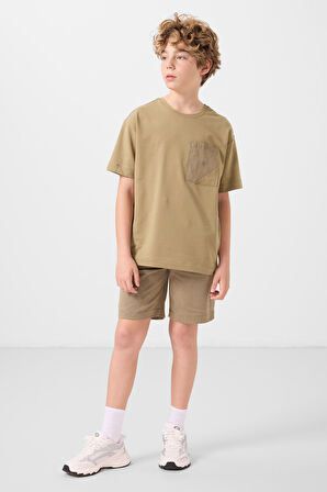 Koyu Bej-Camel Pamuklu Oversize Fit Dokuma Hafif Esnek Chino Erkek Çocuk Şort Takım - 11278