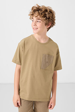 Koyu Bej-Camel Pamuklu Oversize Fit Dokuma Hafif Esnek Chino Erkek Çocuk Şort Takım - 11278