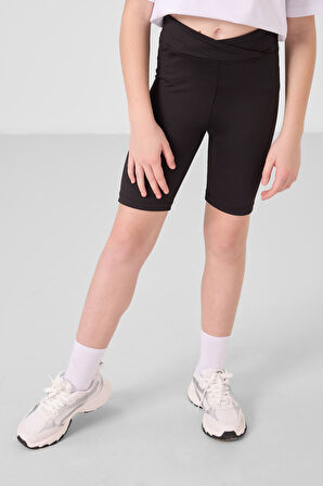 Beyaz-Siyah V Yaka Kemer Detaylı Standart Fit Performans Kız Çocuk Tayt Takım - 75187