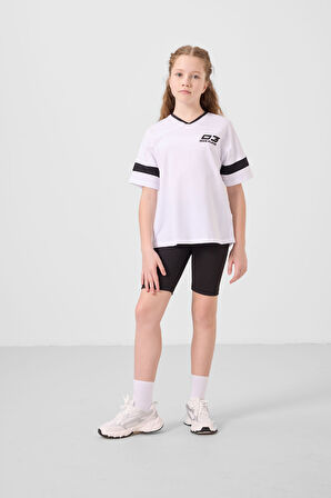 Beyaz-Siyah V Yaka Kemer Detaylı Standart Fit Performans Kız Çocuk Tayt Takım - 75187