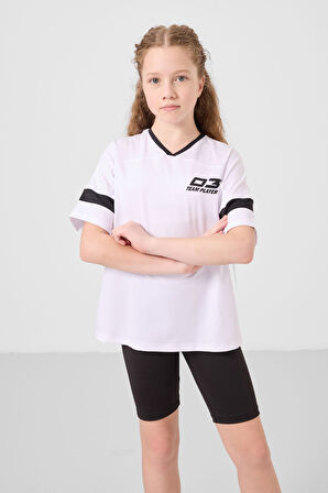 Beyaz-Siyah V Yaka Kemer Detaylı Standart Fit Performans Kız Çocuk Tayt Takım - 75187