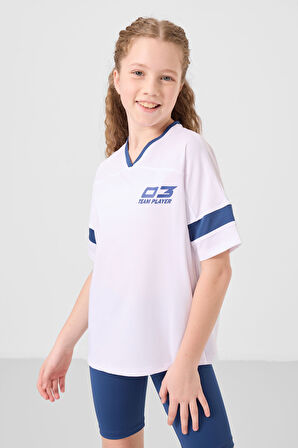 Beyaz-Parlament V Yaka Kemer Detaylı Standart Fit Performans Kız Çocuk Tayt Takım - 75187