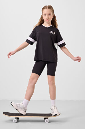 Siyah V Yaka Kemer Detaylı Standart Fit Performans Kız Çocuk Tayt Takım - 75187