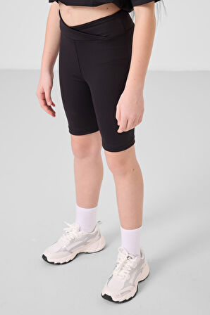 Siyah V Yaka Kemer Detaylı Standart Fit Performans Kız Çocuk Tayt Takım - 75187