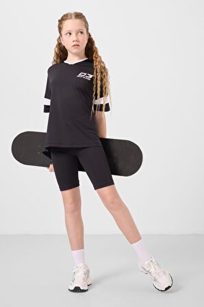Siyah V Yaka Kemer Detaylı Standart Fit Performans Kız Çocuk Tayt Takım - 75187