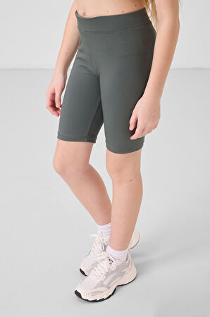 Haki Pamuklu Kısa Paça Standart Fit Basic Kız Çocuk Tayt - 75188