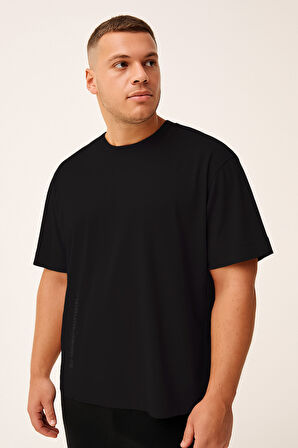 Siyah Baskılı O Yaka Rahat Form Battal Büyük Beden Erkek T-Shirt - 88472