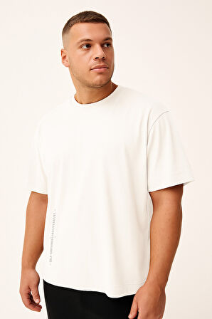 Beyaz Baskılı O Yaka Rahat Form Battal Büyük Beden Erkek T-Shirt - 88472