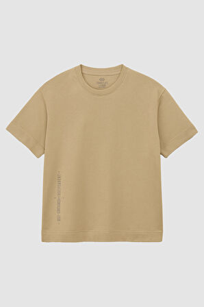 Bej Baskılı O Yaka Rahat Form Battal Büyük Beden Erkek T-Shirt - 88472