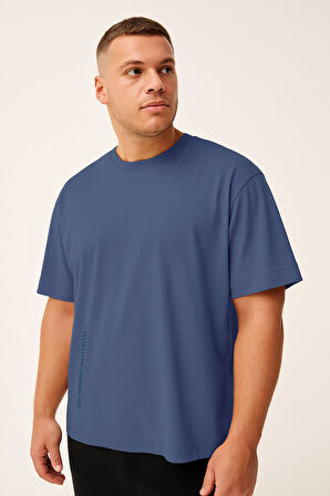 Koyu Mavi Baskılı O Yaka Rahat Form Battal Büyük Beden Erkek T-Shirt - 88472