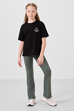 Haki Esnek Standart Fit Basic Performans İspanyol Paça Kız Çocuk Tayt - 75193
