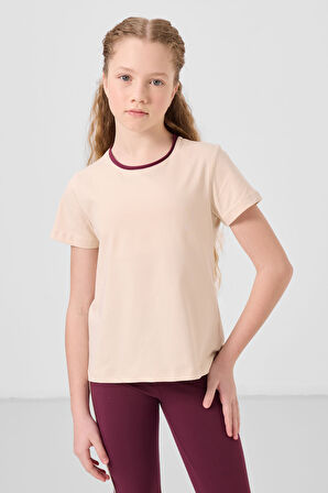 Bej-Bordo Pamuklu O Yaka Standart Fit Basic İspanyol Paça Kız Çocuk Tayt Takım - 75192