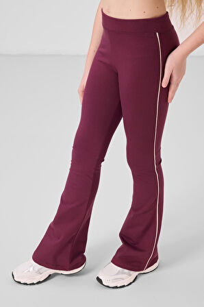 Bej-Bordo Pamuklu O Yaka Standart Fit Basic İspanyol Paça Kız Çocuk Tayt Takım - 75192