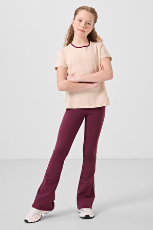 Bej-Bordo Pamuklu O Yaka Standart Fit Basic İspanyol Paça Kız Çocuk Tayt Takım - 75192